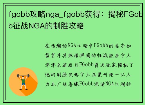 fgobb攻略nga_fgobb获得:揭秘FGobb征战NGA的制胜攻略