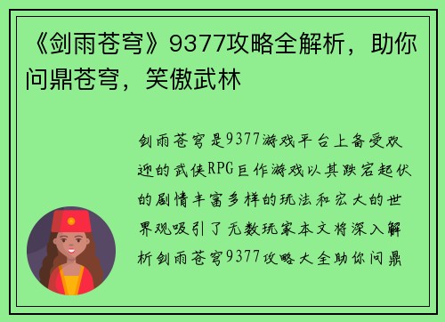 《剑雨苍穹》9377攻略全解析,助你问鼎苍穹,笑傲武林