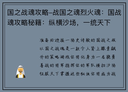 国之战魂攻略-战国之魂烈火魂：国战魂攻略秘籍：纵横沙场，一统天下