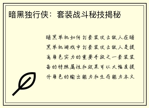 暗黑独行侠：套装战斗秘技揭秘